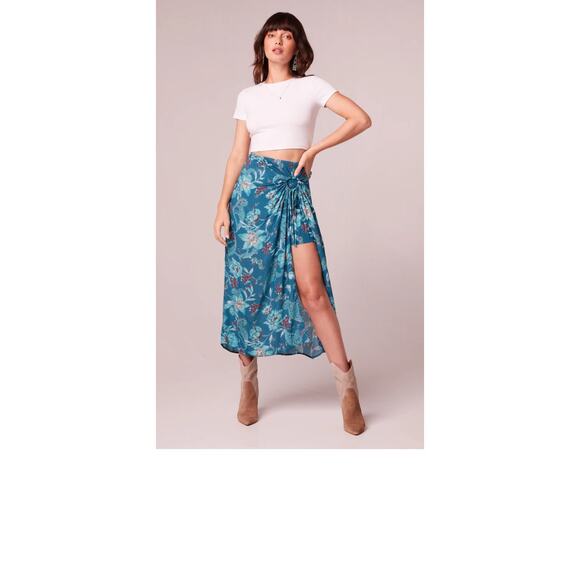 Band of the Free Celene Teal Floral Layered Midi Skirt L‎ Front Slit| Boho NEW - Picture 1 of 8
